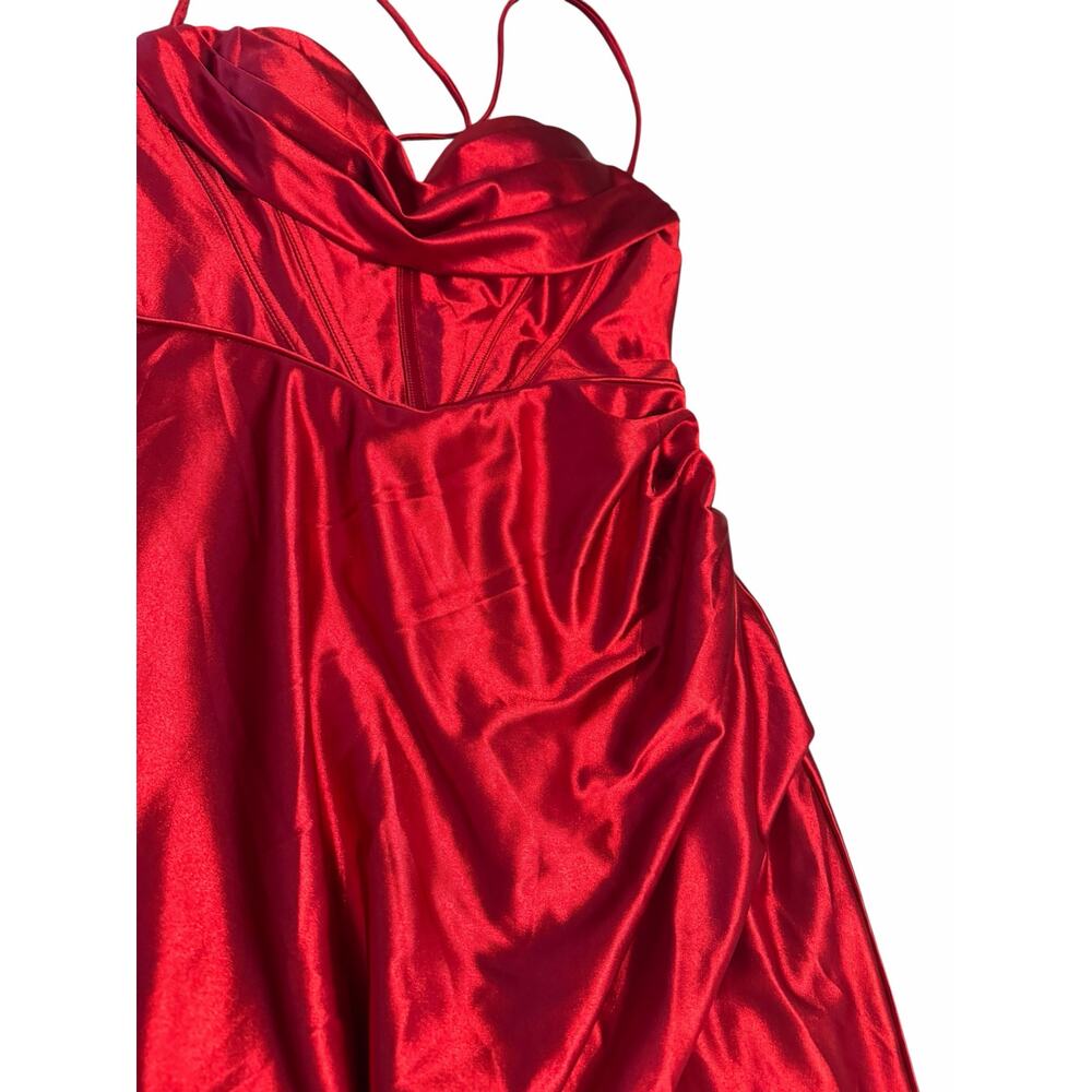 STACEES Red Satin Corset Gown Thigh-High Slit - Size 8 - Picture 14 of 16